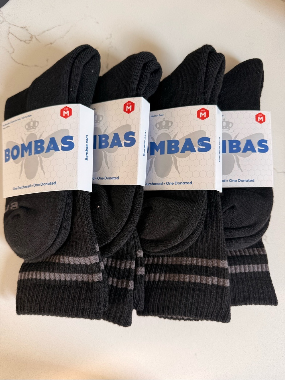 Bombas Men's Black Crew Socks with Gray Stripes - Pack of 4 NWT
